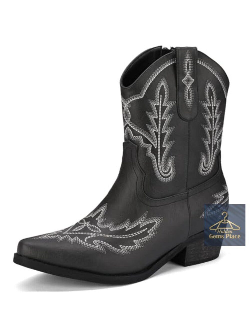 Women's Pointed Toe Western Ankle Boots with Low Block Heel, Faux Leather